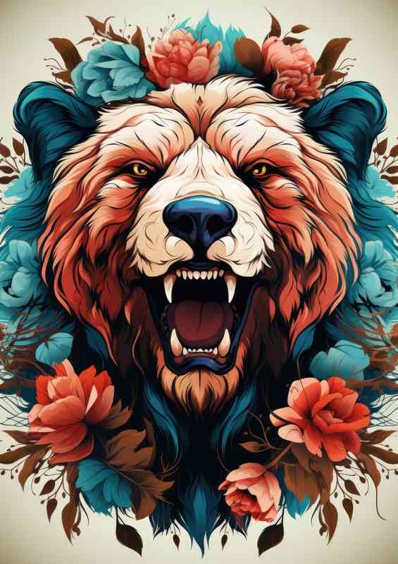 Bear face and flower art | Metal Poster