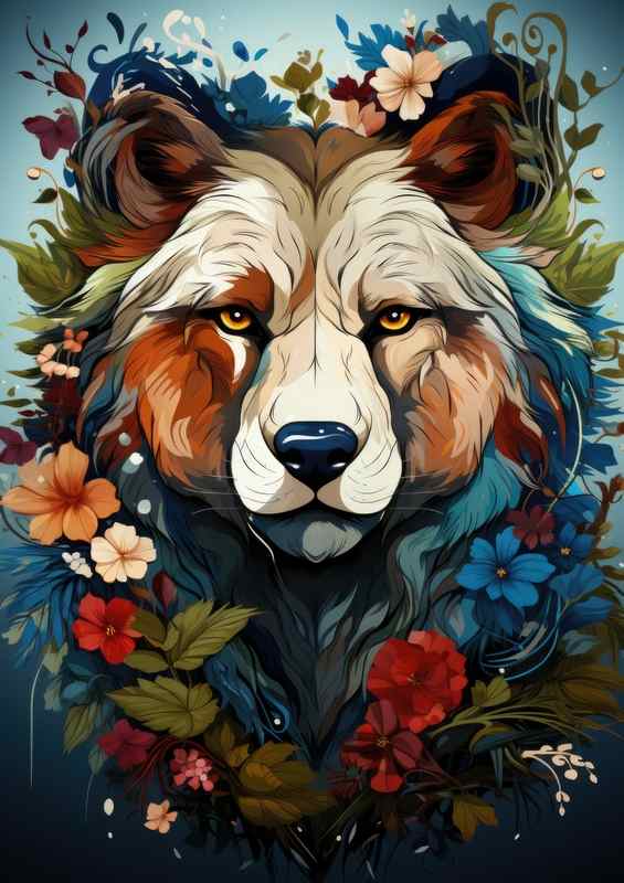 Bear head with array of flowers | Metal Poster