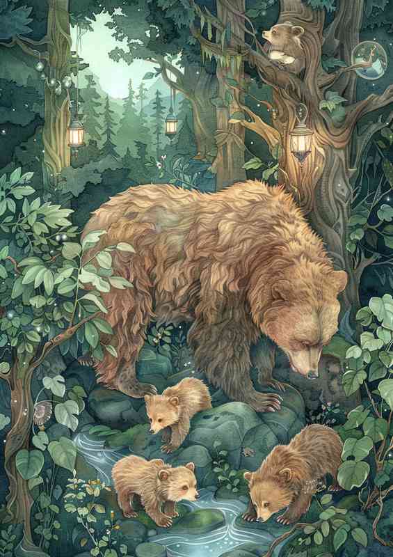 Bears and the cubs by the stream | Metal Poster