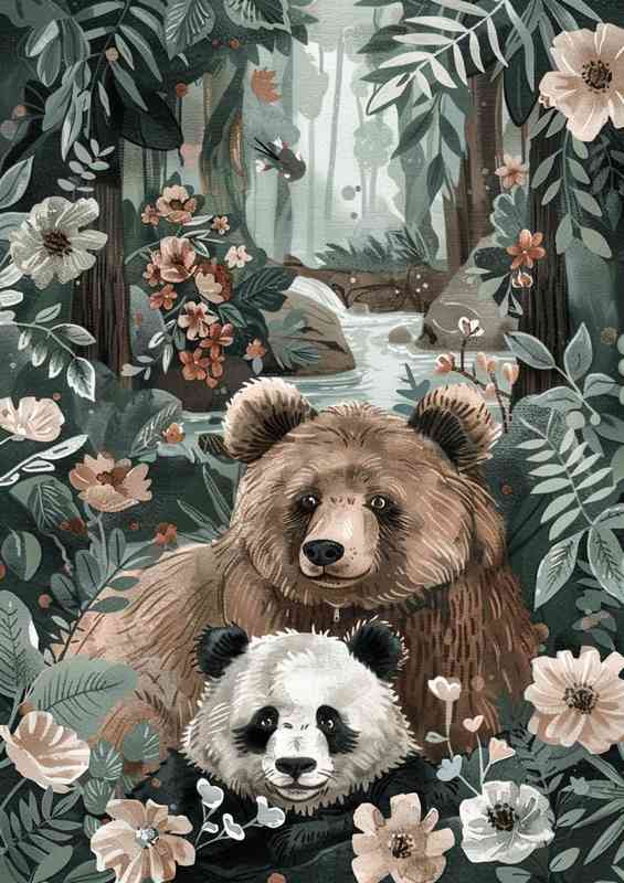 Bears in the woodland stream | Metal Poster