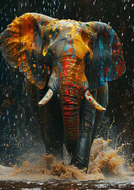 Colourful elephant running free | Metal Poster