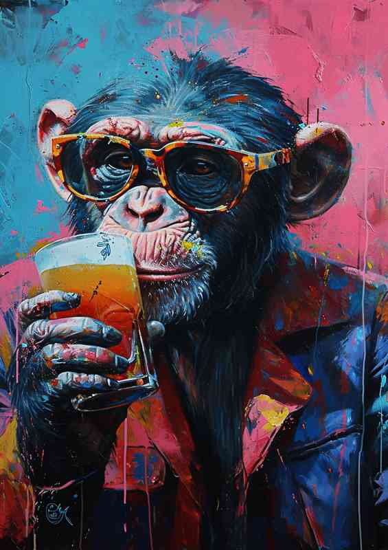 Cool painted monkey having a drink | Metal Poster