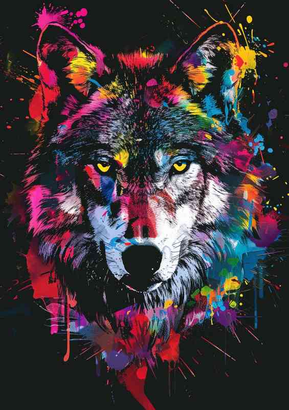 Dark wolfs face with colour paint splashes | Metal Poster