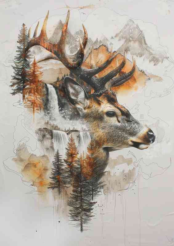 Deer head with antlers and mountains | Metal Poster