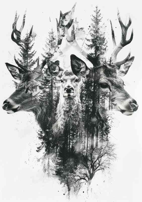 Double Deer head surrounded by trees | Metal Poster