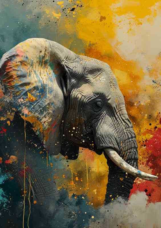 Elephant head with splashed art colours | Metal Poster