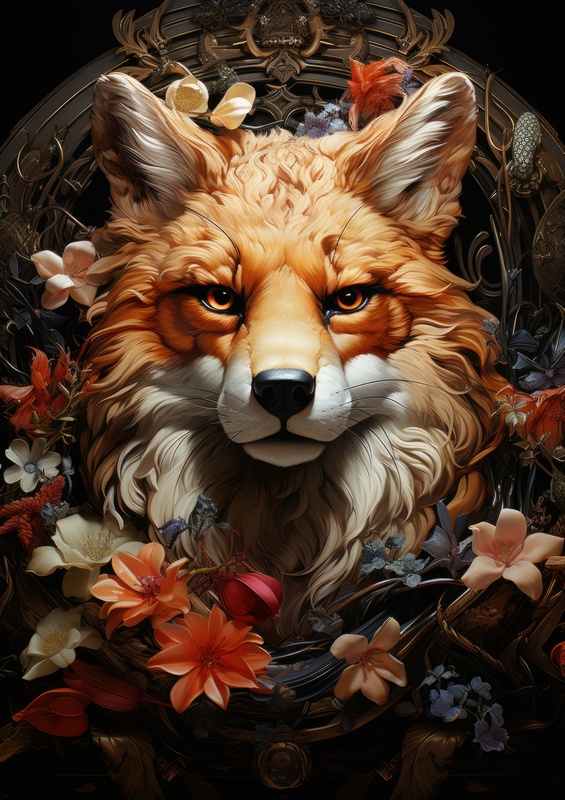Fox Face with flowers | Metal Poster
