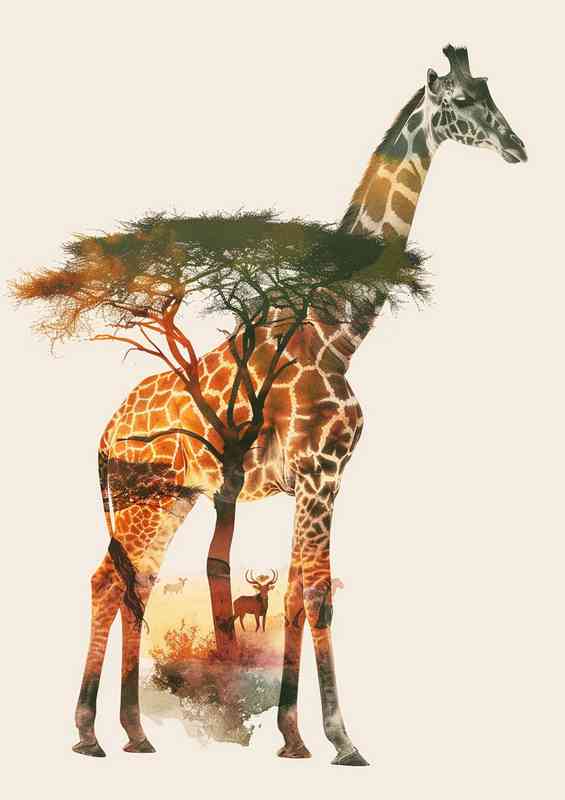 Giraffe and trees in double exposure | Metal Poster