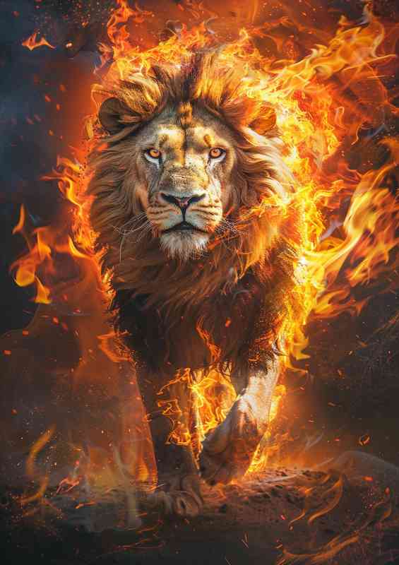 Lion walking through the flames | Metal Poster