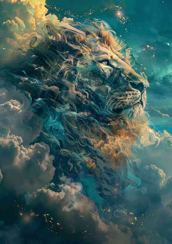 Lions head in a cloudy blue sky | Metal Poster