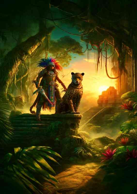 Mayan warrior accompanied by a mystical jaguar | Metal Poster