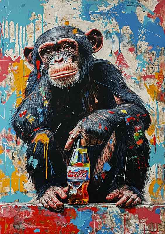 Monkey sits drinking clooa | Metal Poster
