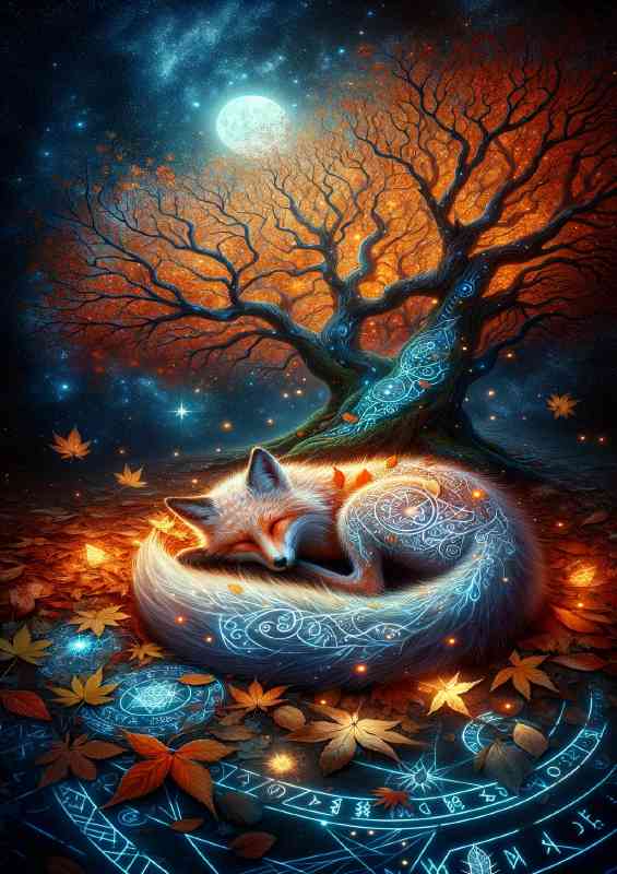 Mystical Fox adorned with autumn leaves and glowing runes | Metal Poster