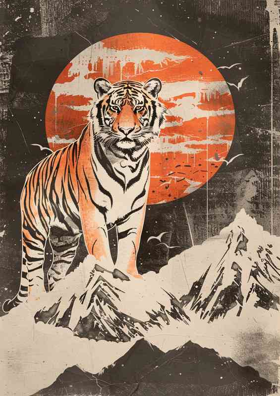 Orange moon Tiger in the mountains | Metal Poster