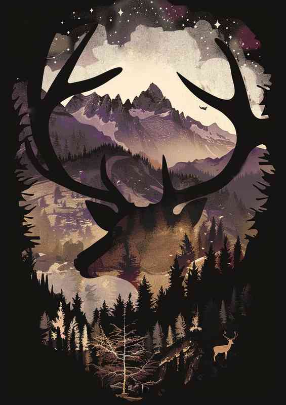 Silhouette of a Deer in the woods | Metal Poster