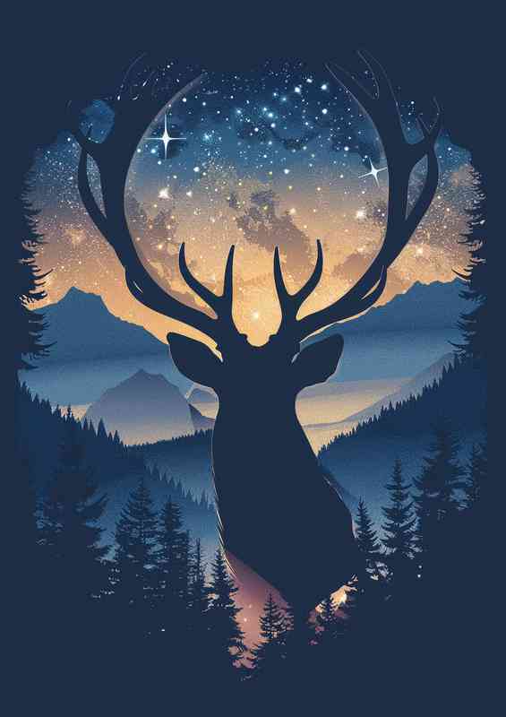 Silhouette of deer at night | Metal Poster