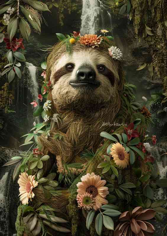 Sloth surrounded by flowers and foliage | Metal Poster