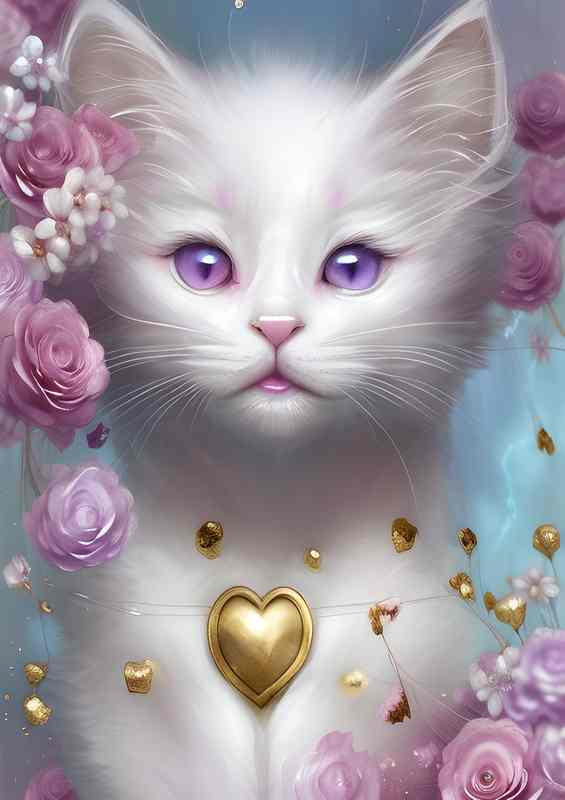 Cute Adorable Happy White Cat | Metal Poster