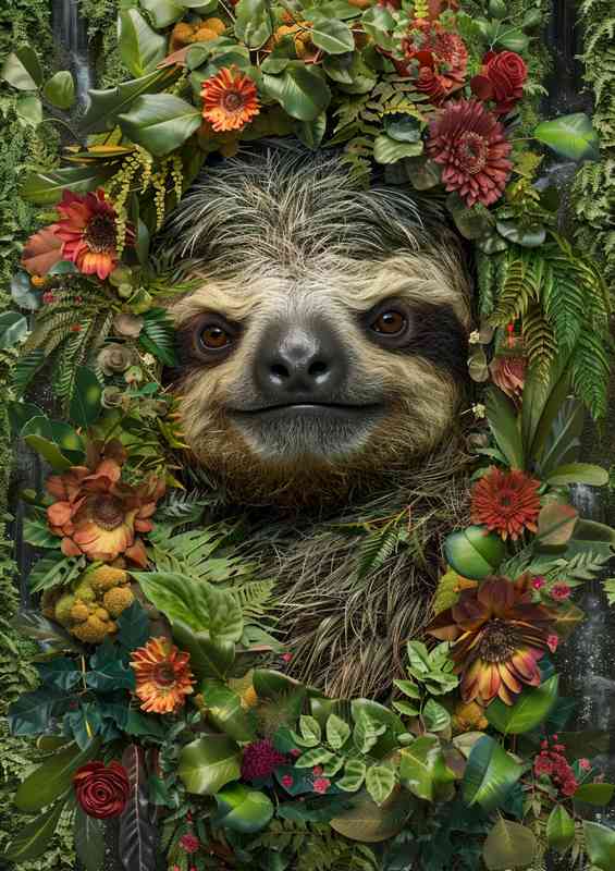 Sloths face with flowers and foliage | Metal Poster