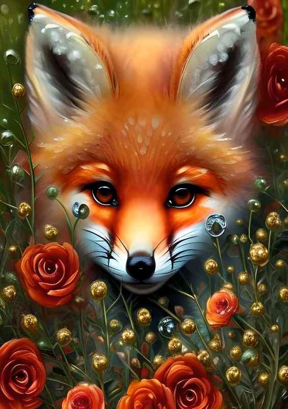 Cute Fox Surrounded By Flowers | Metal Poster