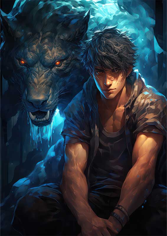 Anime with a person and a large beast in blue | Metal Poster