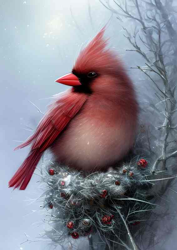 Detailed Fantasy Fluffy Tiny Birds Cardinals | Metal Poster