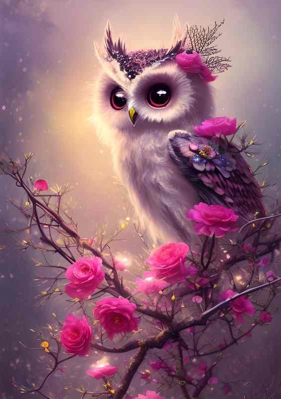 Fantasy Cute Owl Pearched An A Tree In Flower | Metal Poster
