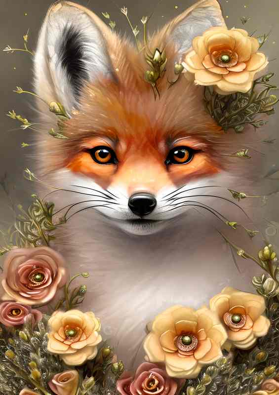 Fox On A Bed Of Flowers | Metal Poster