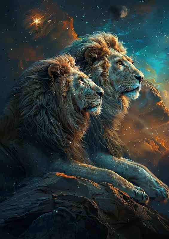 Two Lions looking at stars | Metal Poster