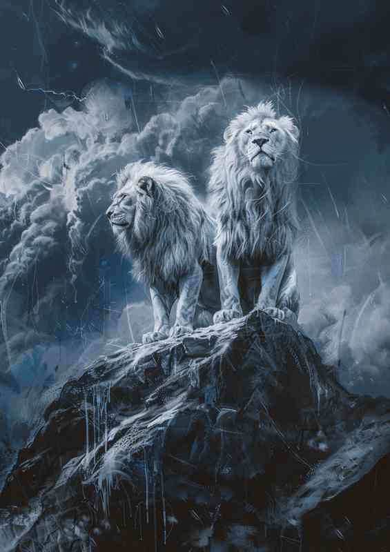 Two white lions standing on a rock | Metal Poster