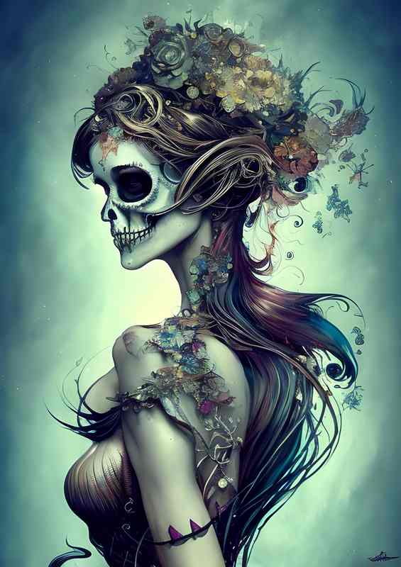 Mermaid Skeleton Day Of Dead | Metal Poster