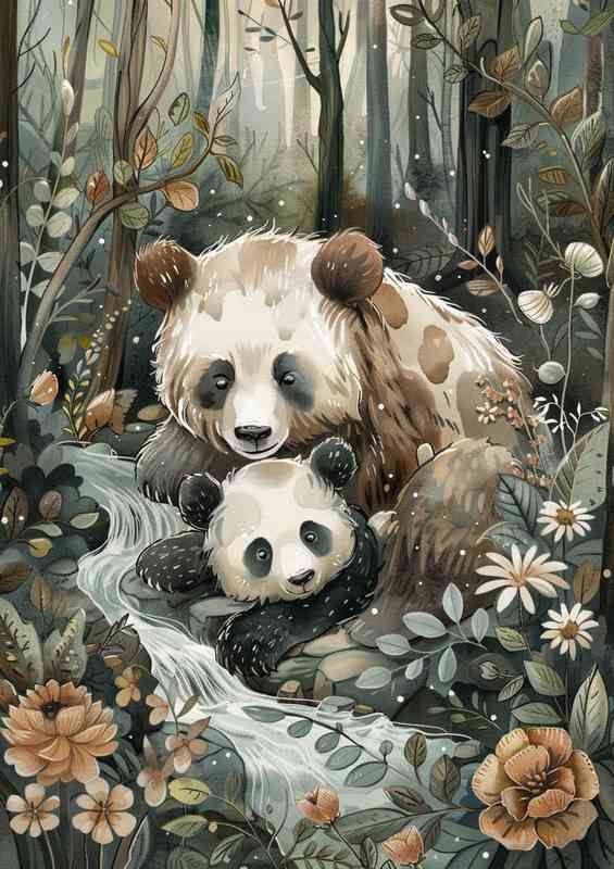 Watercolour panda and mum in the woods | Metal Poster