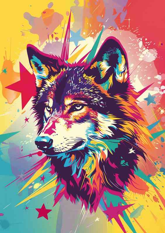 Wolf head with colorful stars | Metal Poster