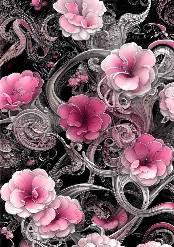 Pink Chrome Black Ink Flowers | Metal Poster