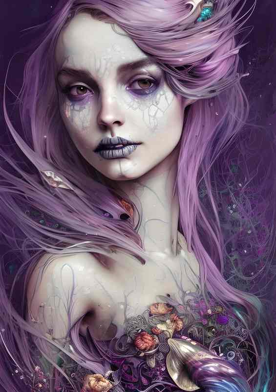 Purple Hair Mermaid Skeleton Beauty | Metal Poster