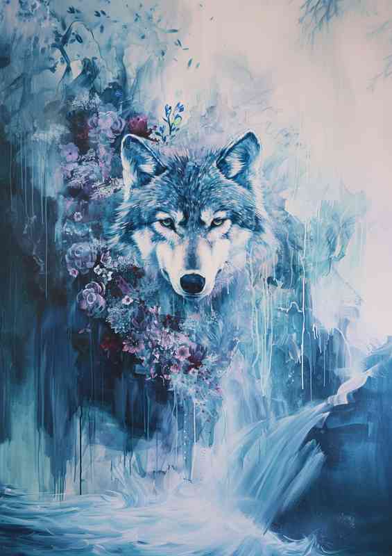 Wolf with flowers in a waterfall | Metal Poster