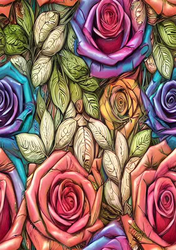 Rainbow Roses And Leaves | Metal Poster