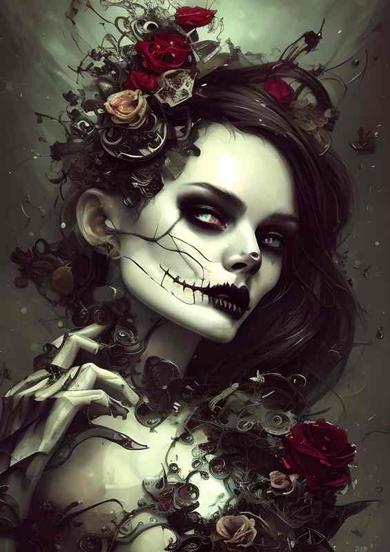 Skeleton Beauty Whimsical Surrounded By Roses | Metal Poster