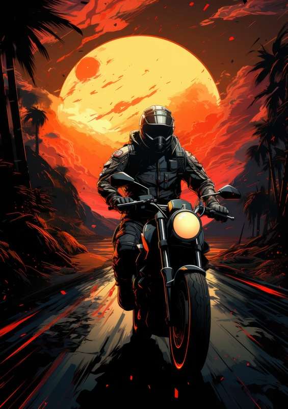 Riding down the sunset on a bike | Metal Poster