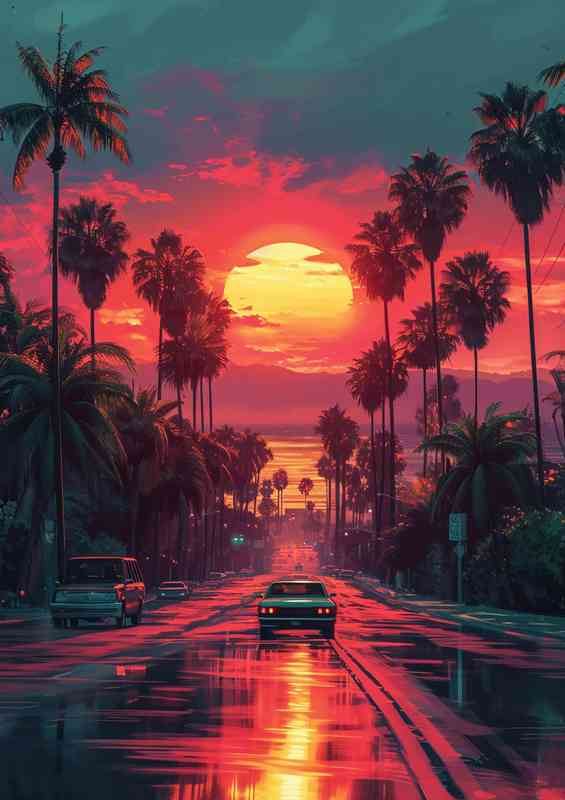 Car drives down road amidst palm trees and at sunset | Metal Poster