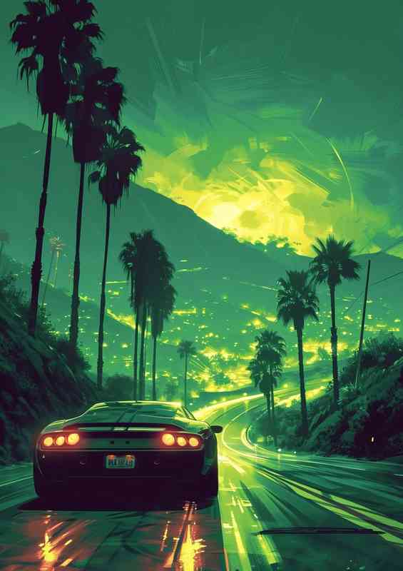 Car driving on the road in the green valley | Metal Poster