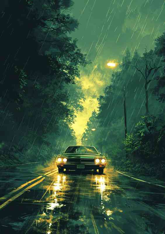 Car driving on the road in the rain | Metal Poster