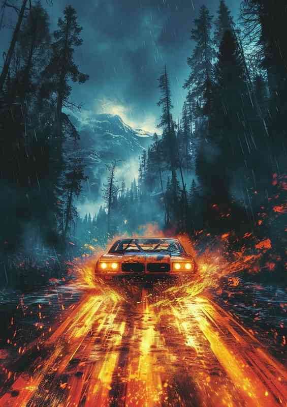 Car driving through the red flames in a forest | Metal Poster