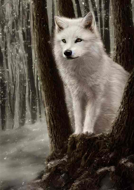 Tiny White Wolf On A Tree | Metal Poster