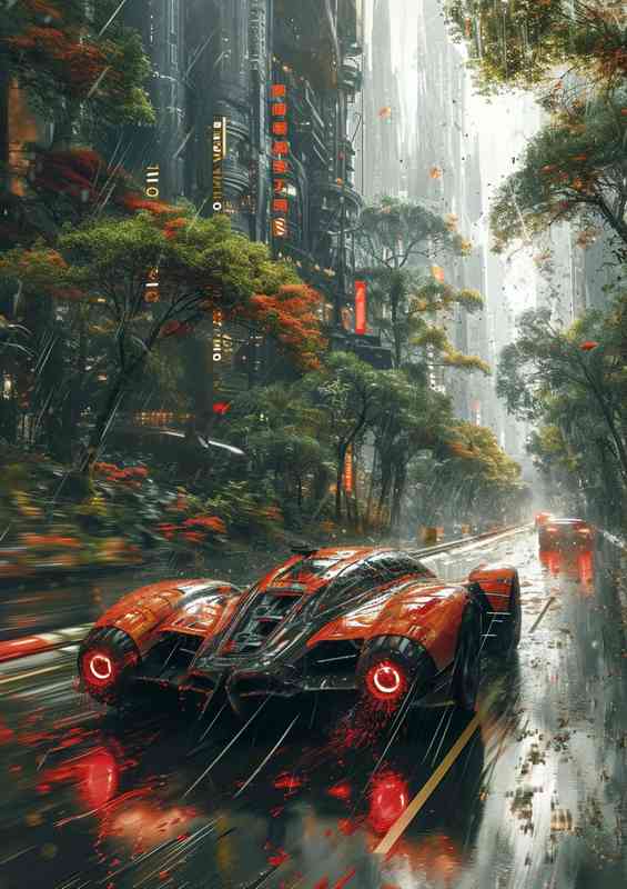 Futuristic car driving through the rain | Metal Poster