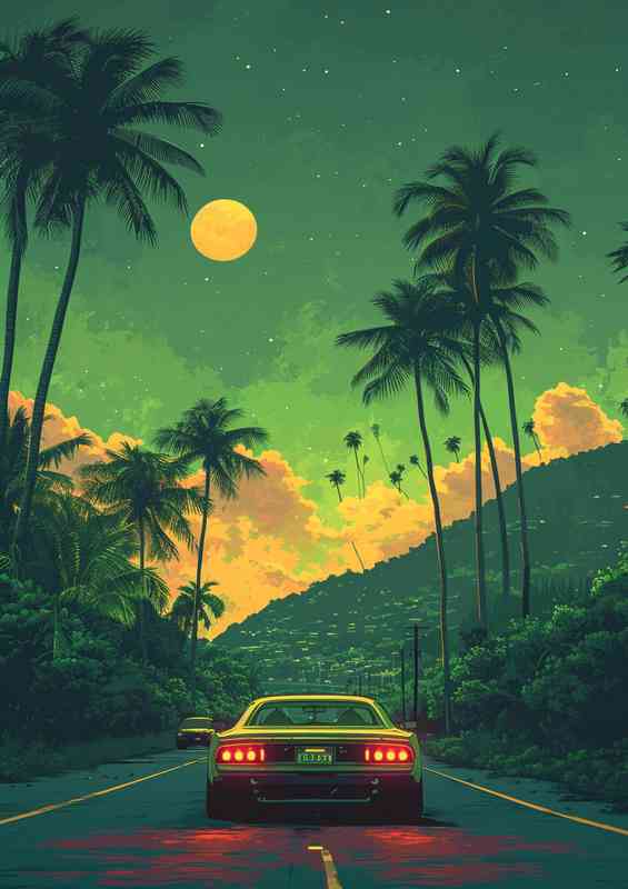Muscle car driving down the road | Metal Poster
