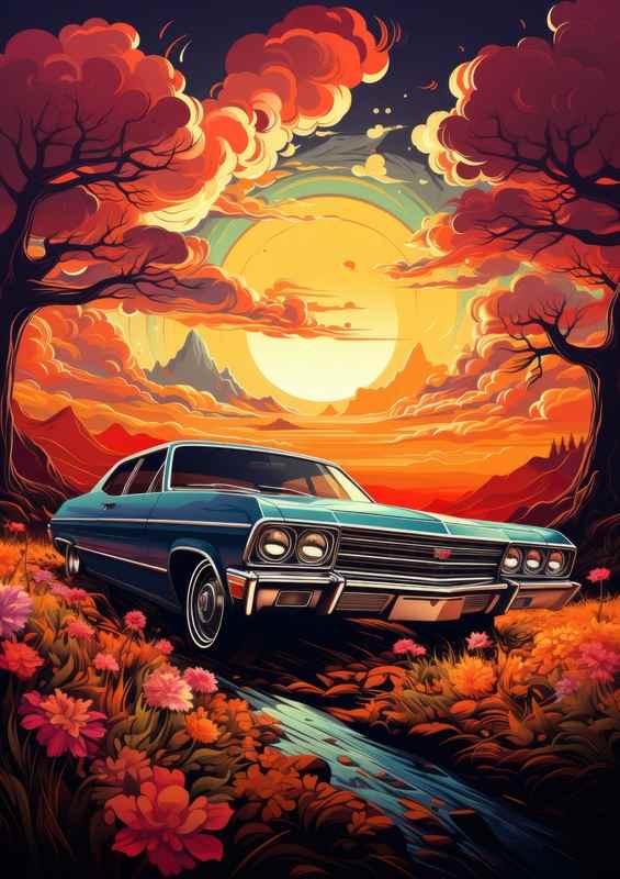 Muscle car in the autumn | Metal Poster