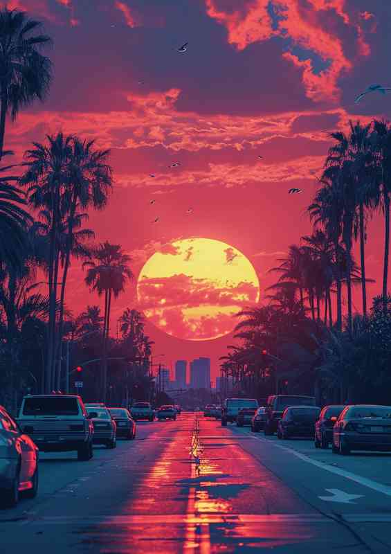 Orange sunset driving down the strip | Metal Poster