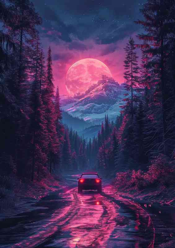 Purple sunset driving on the road | Metal Poster