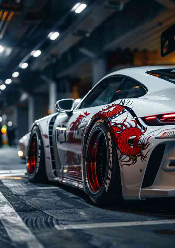 White Porsche widebody Japanese dragons | Metal Poster